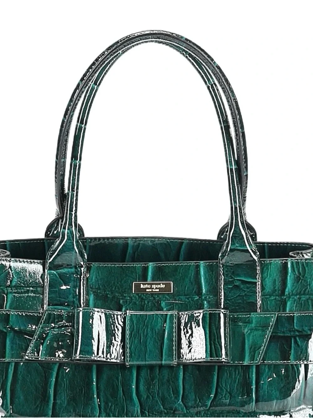 KATE SPADE ~ Emerald Green Croc-Embossed Patent Leather Tote with Bow